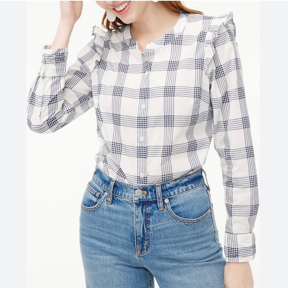 J. Crew Large Top Blouse Ruffle button-up shirt signature fit Blue/White Plaid